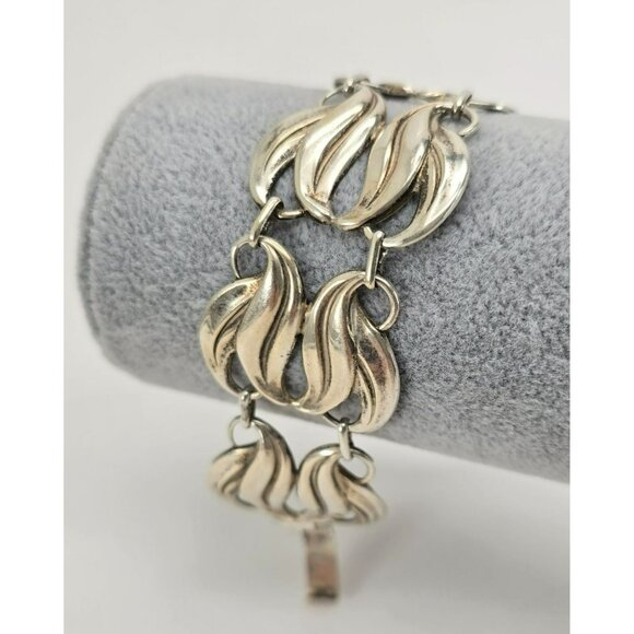 Vintage Bracelet Sterling Silver Wide Wave Tulip Leaves Design 7.5" Wrist LI644 - Picture 4 of 9
